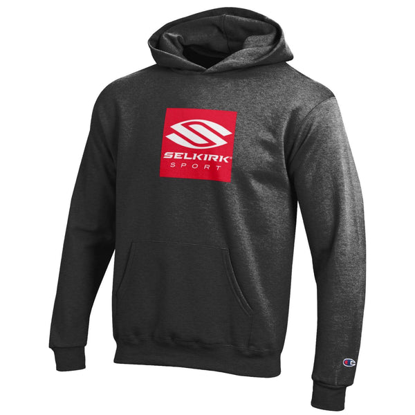 Gray Selkirk Youth Hoodie featuring a red logo on the front