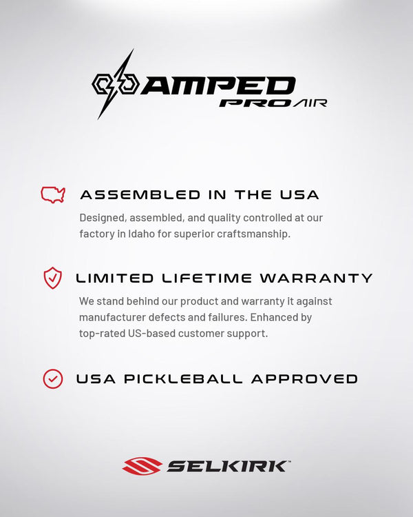 AMPED Pro Air features: Assembled in the USA, Limited Lifetime Warranty, USA Pickleball Approved