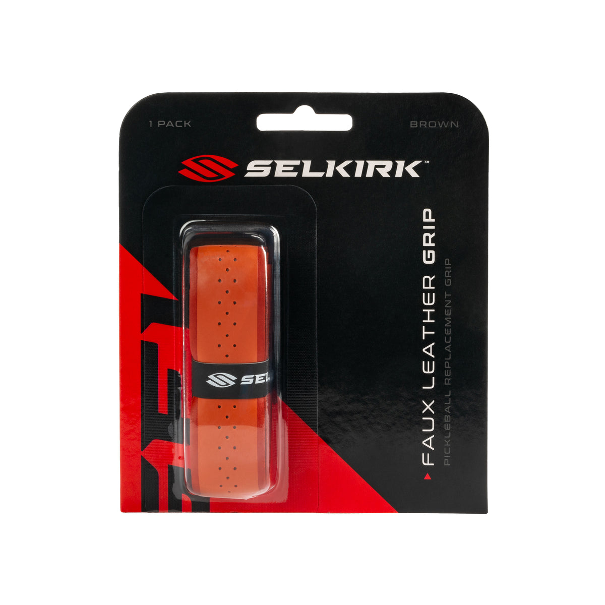 Selkirk Faux Leather Grip packaging showing orange grip with perforations