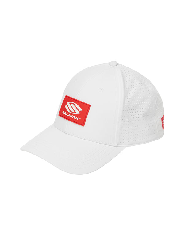 White Selkirk Sport Red Label Wide Brim Performance Hat with red logo