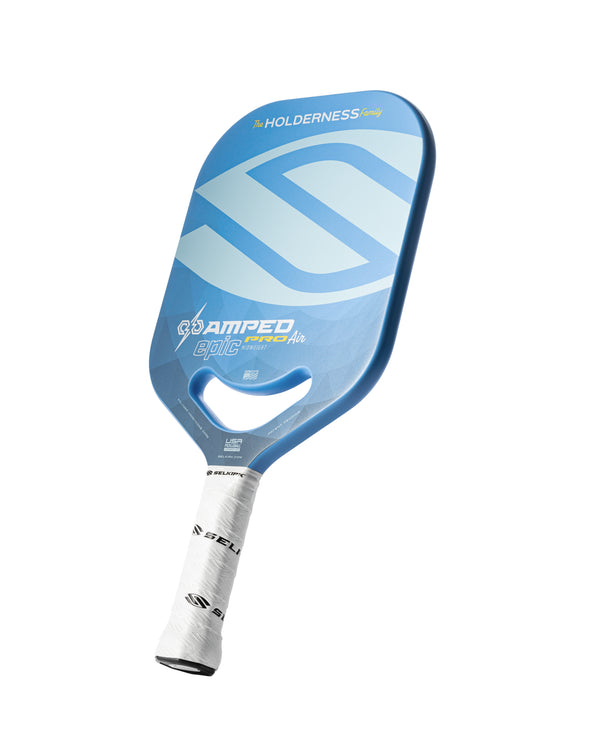 Selkirk x Holderness Family AMPED Pro Air Epic pickleball paddle with blue design and white grip.