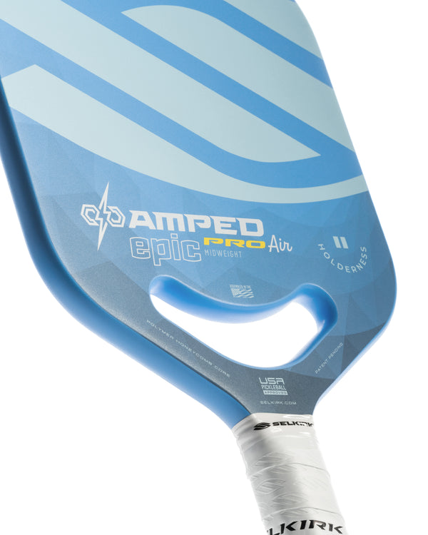 Selkirk AMPED Pro Air Epic pickleball paddle with blue design and logo