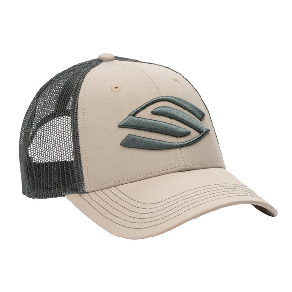 Selkirk AMPED Trucker Hat in gray with embroidered logo and mesh back