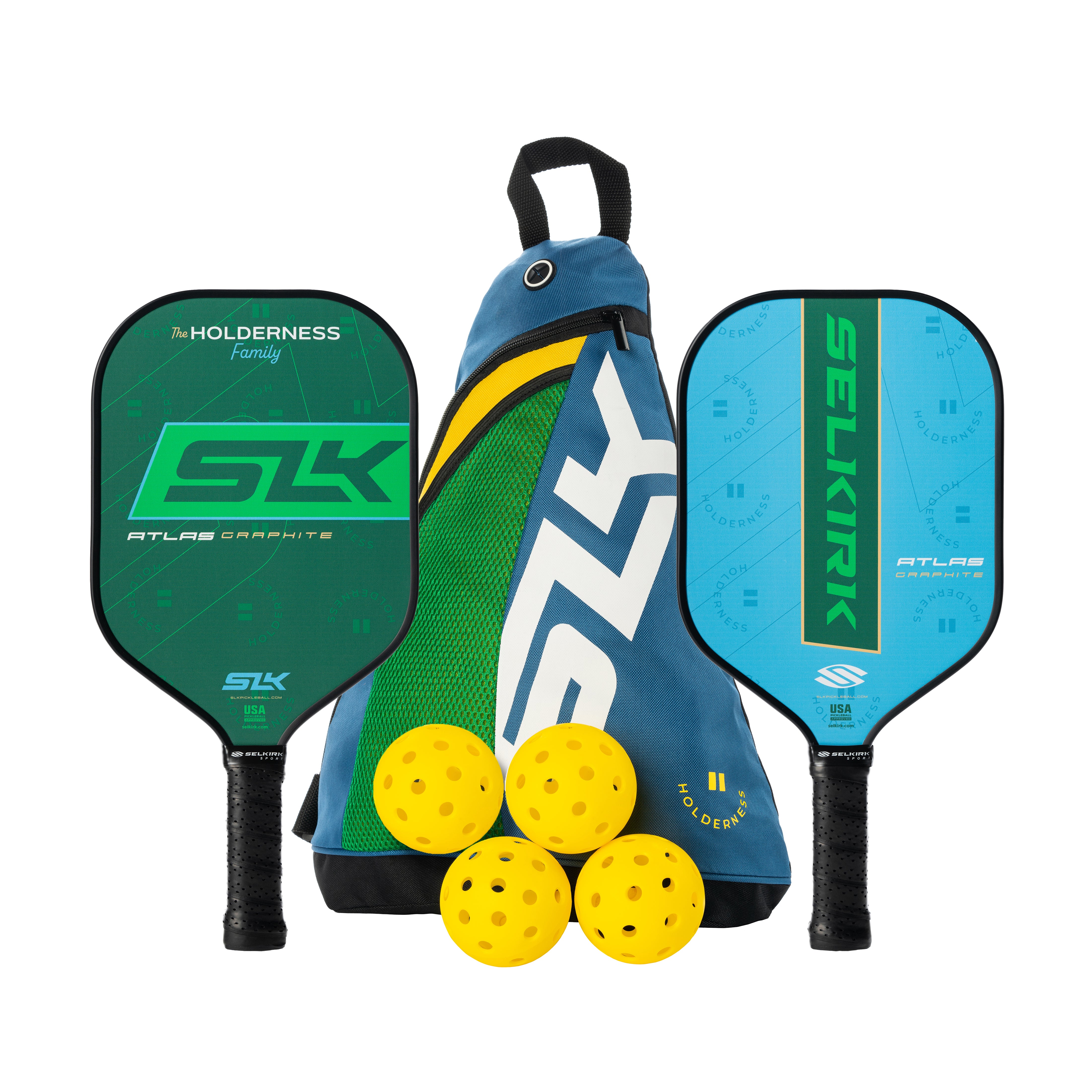 SLK by Selkirk x The Holderness Family Pickleball Bundle with two paddles and three yellow pickleballs in a sling bag.