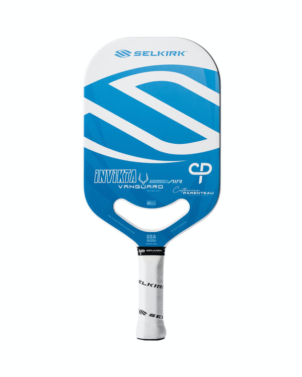 Selkirk Catherine Parenteau VANGUARD Power Air Invikta pickleball paddle with blue and white design