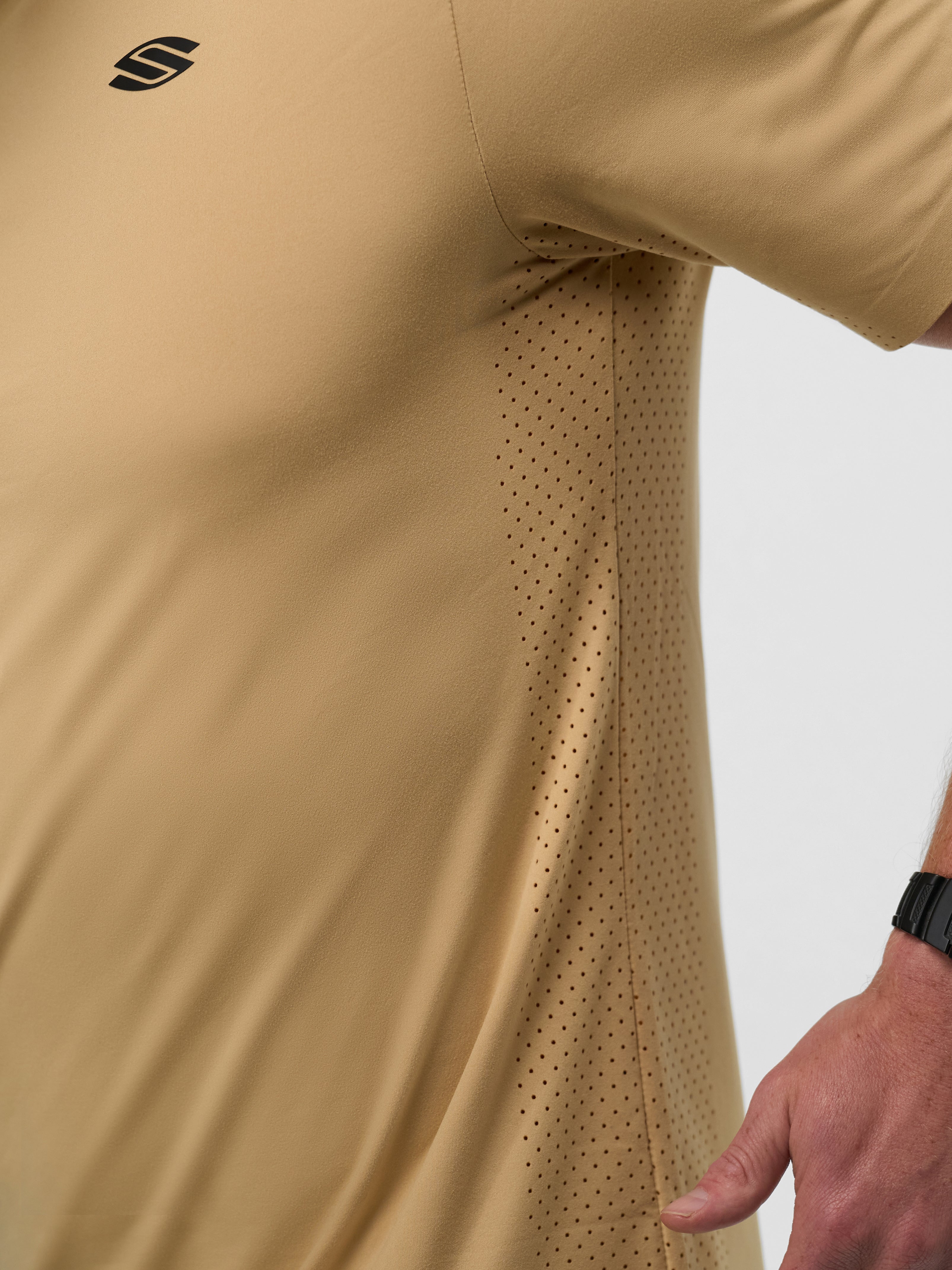 Men's Pro Line Athletic Short Sleeve shirt in beige with perforated side panels
