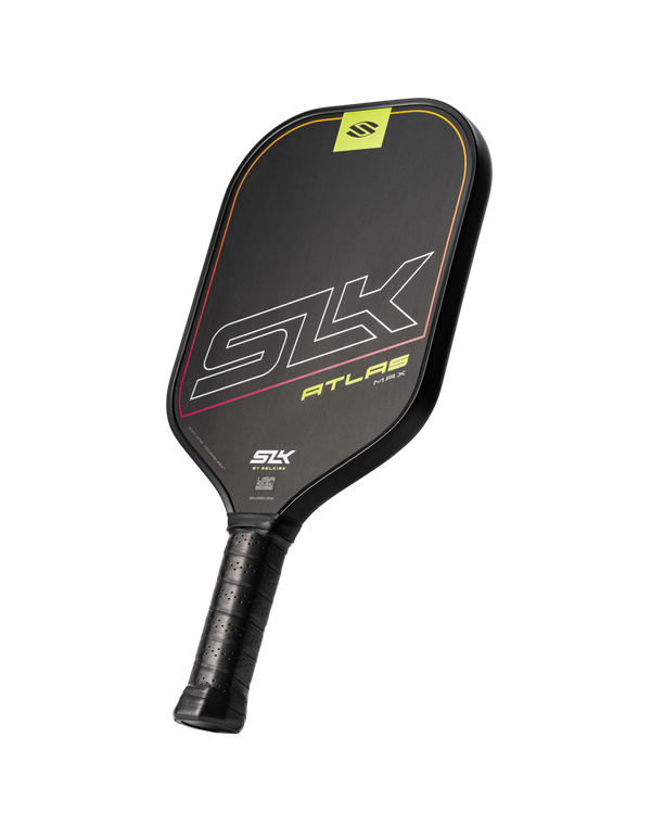 SLK Atlas Max pickleball paddle in Ember color, showcasing its design and grip.