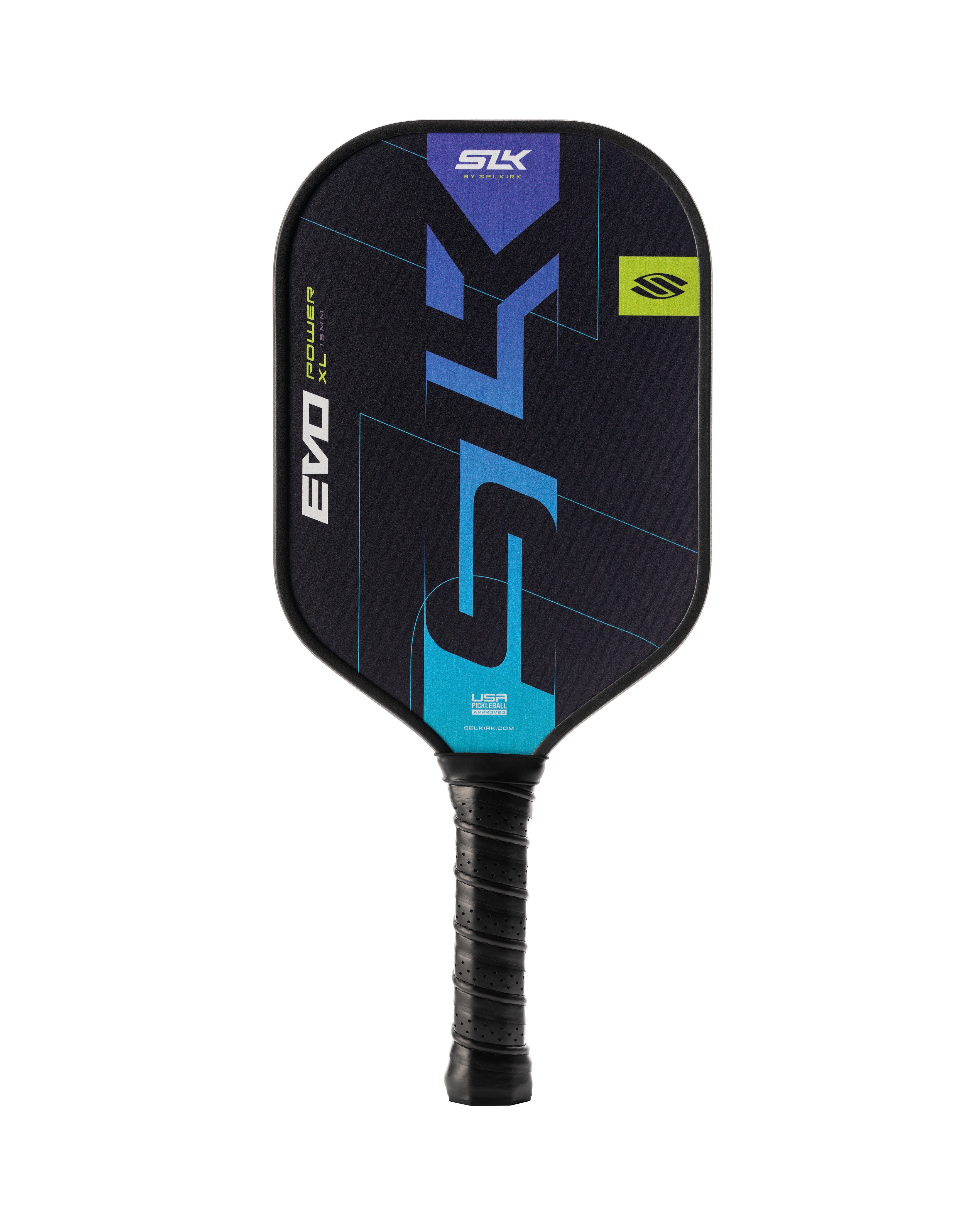SLK EVO Power paddle featuring Thermoformed UniBody Design with a black and blue color scheme.