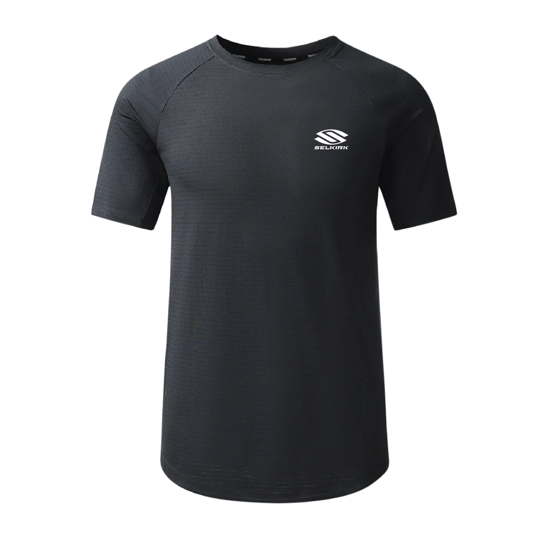 Black short-sleeve shirt with Selkirk logo, designed for active lifestyles.