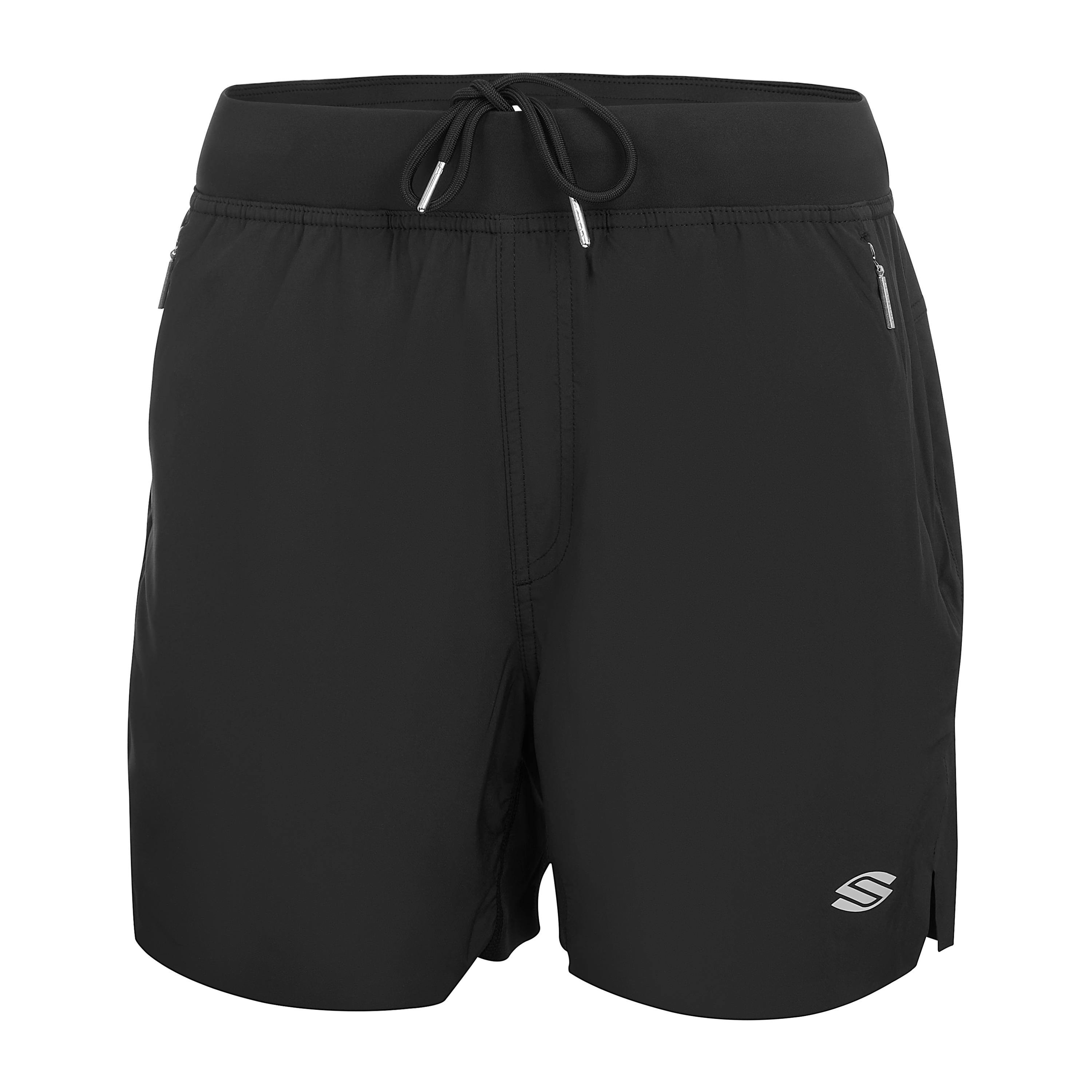 Black men's athletic shorts with drawstring waist, zippered side pockets, and a small logo on the lower left leg.