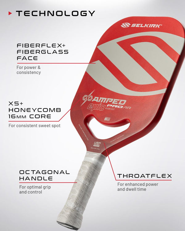 Selkirk AMPED Pro Air pickleball paddle with FiberFlex+ face, X5 core, and ThroatFlex technology.