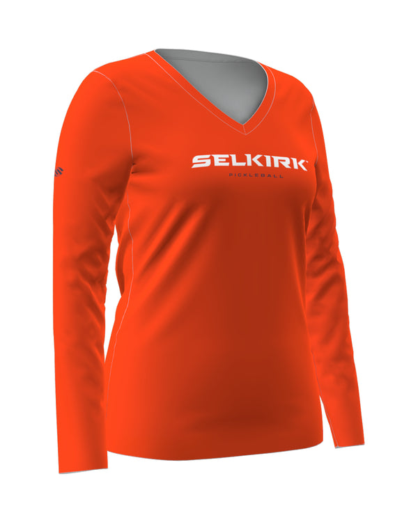 Orange Women's Symmetrix Long Sleeve V-Neck Tee with 'Selkirk' text on front
