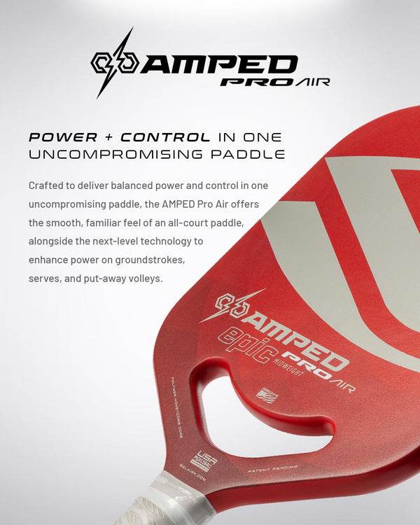 Pickleball paddle with text: 'POWER + CONTROL IN ONE UNCOMPROMISING PADDLE' and description of features.