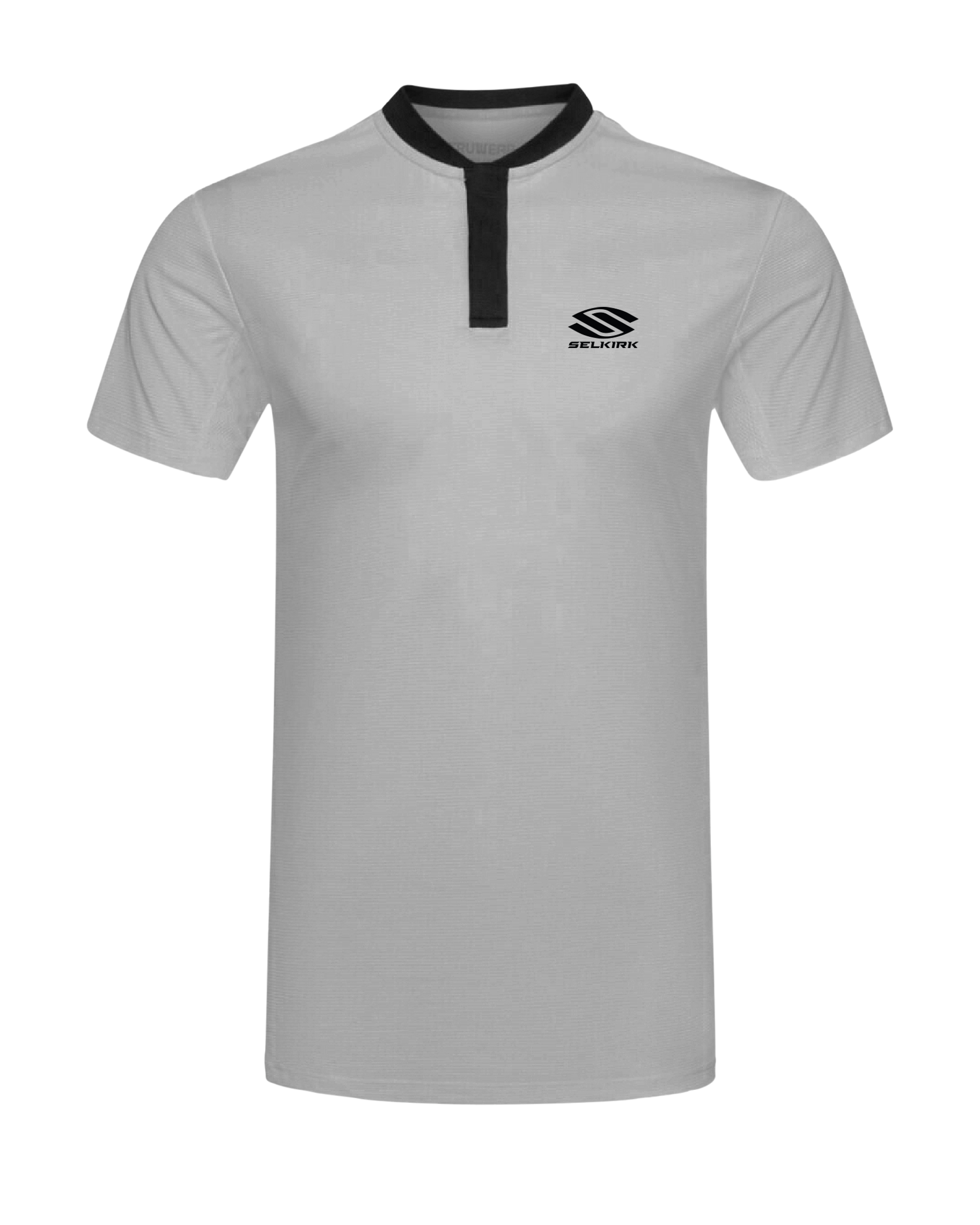Gray Selkirk men's polo shirt with black collar and logo.