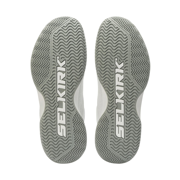 Men's CourtStrike Pickleball Shoes with a white and pine colorway, featuring a textured sole with 'SELKIRK' branding.