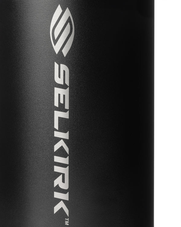 Selkirk Sport Premium Pickleball Water Bottle with logo in silver on black background