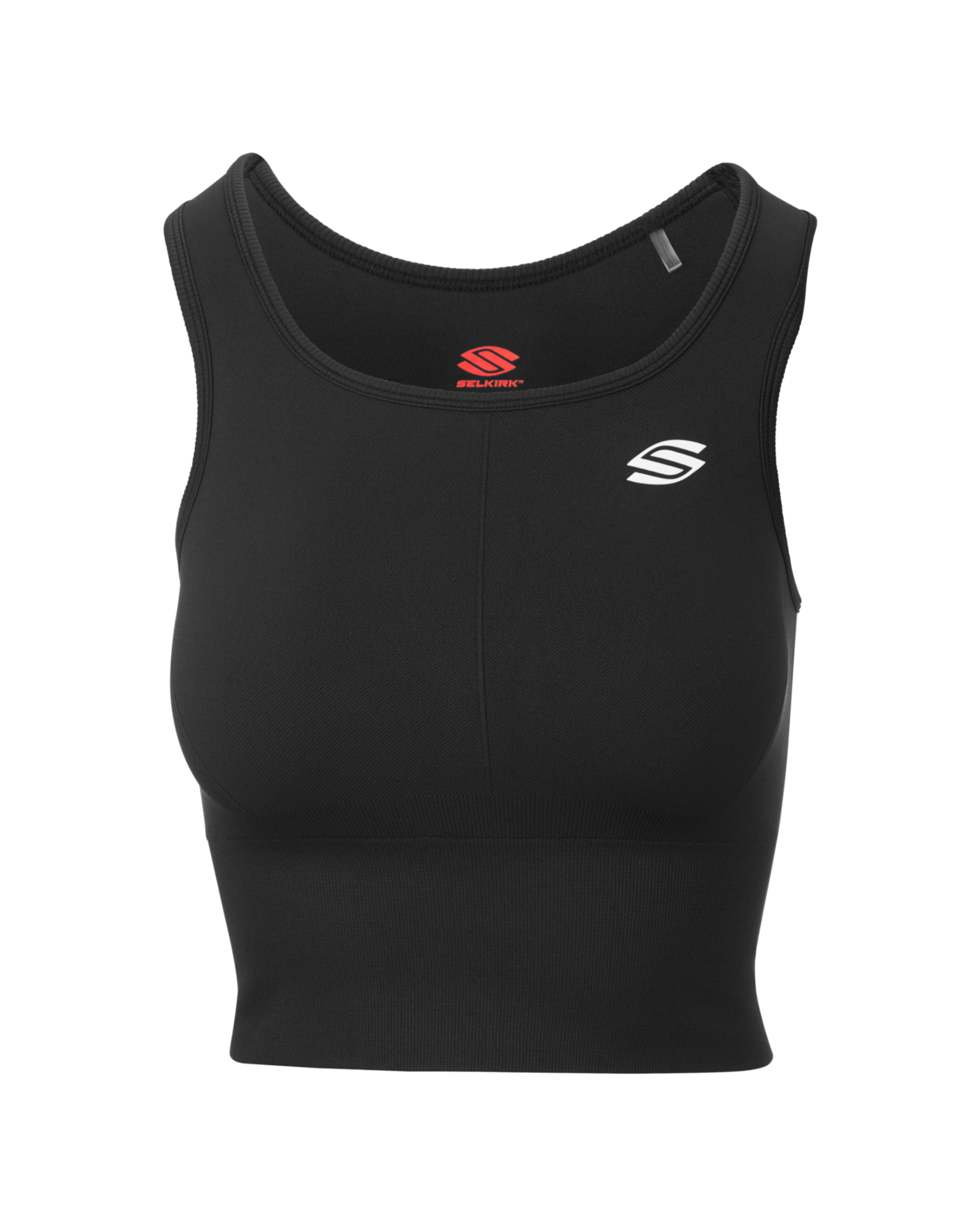 Black seamless fitted tank top with logo on the front