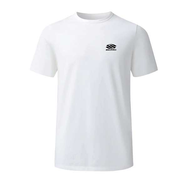White Selkirk TruWear Men's Spectacle 2.0 Lifestyle T-Shirt with logo, showcasing its lightweight design.