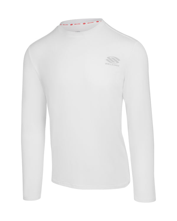 White long-sleeve shirt from the AeroFiber Collection, designed for comfort and performance.