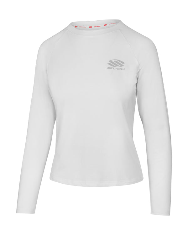 White long-sleeve shirt from the AeroFiber Collection, designed for comfort and performance on the pickleball court.