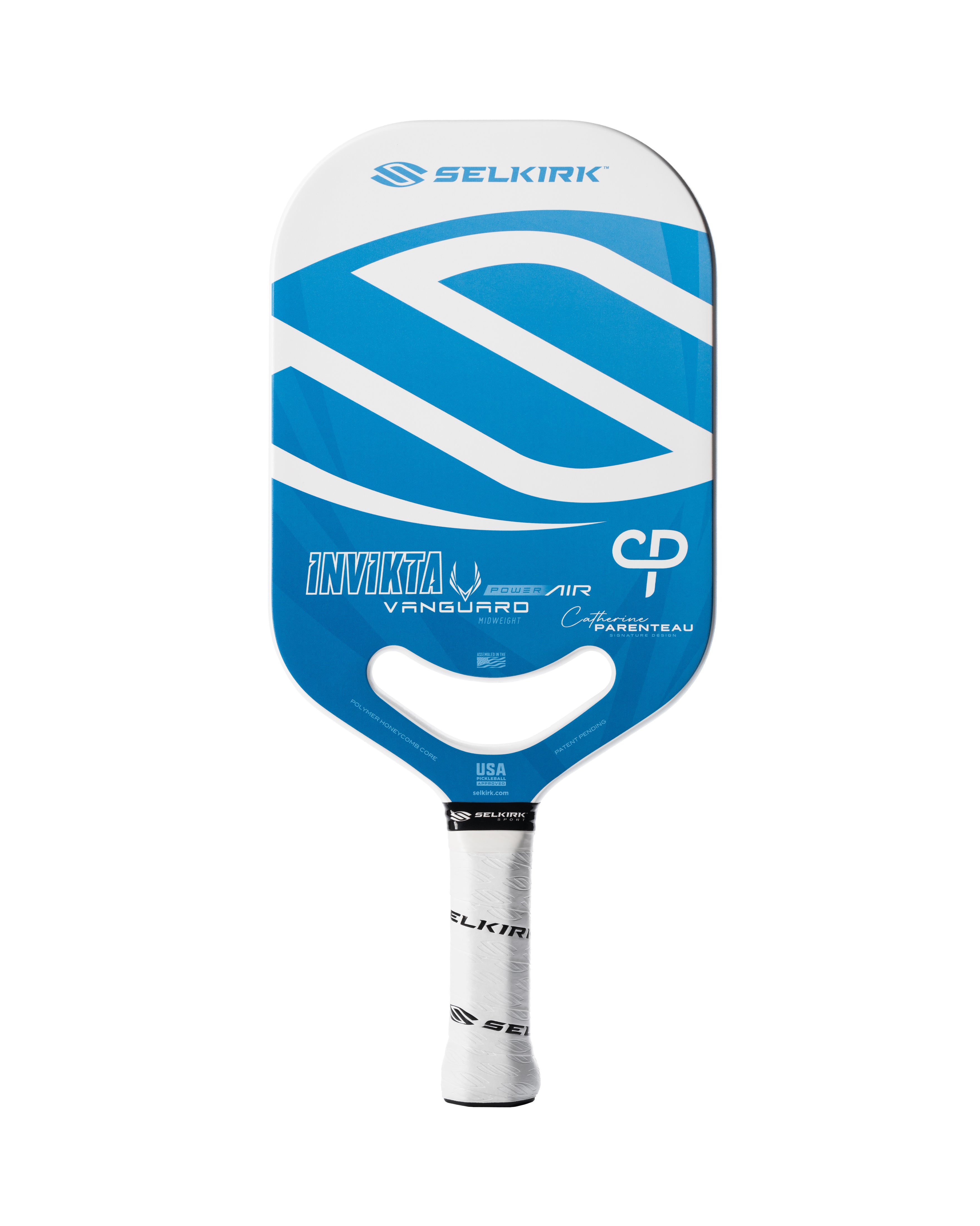 Selkirk VANGUARD Power Air pickleball paddle with Invikta shape, featuring blue and white design and text 'INVIKTA' on the face.