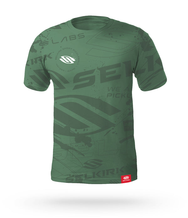 Crafted for Selkirk Sport pickleball athletes and fans, introducing the Selkirk Emblem Men's Short Sleeve pickleball shirt with Selkirk's Stretch-Wik Technology, in gray, blue, and green, for pickleball players.