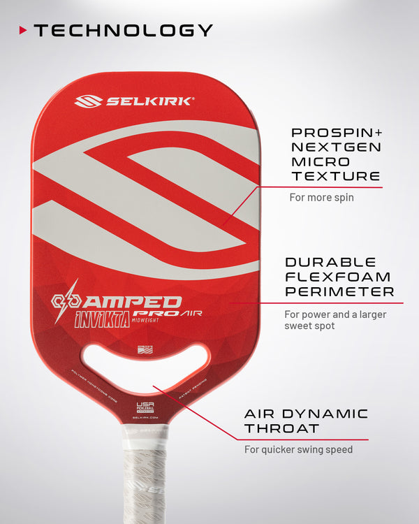 Selkirk AMPED Pro Air pickleball paddle with ProSpin+ NextGen Micro Texture, Durable FlexFoam Perimeter, and Air Dynamic Throat features.