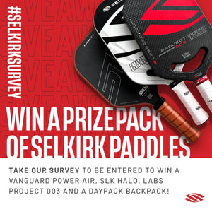 Win a prize pack of Selkirk paddles: Vanguard Power Air, SLK Halo, Labs Project 003, and a daypack backpack!