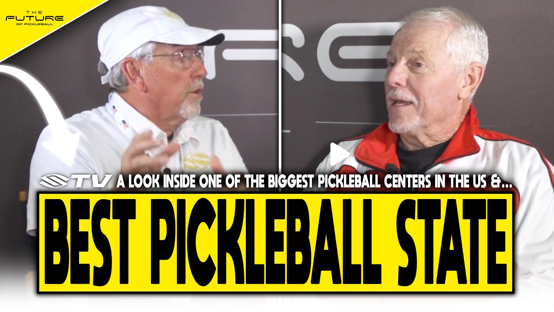 Two men discussing pickleball, with text 'BEST PICKLEBALL STATE' prominently displayed.