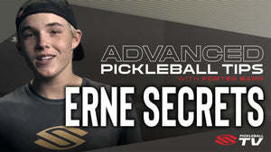 Porter Barr presenting advanced pickleball tips, focusing on the erne shot.