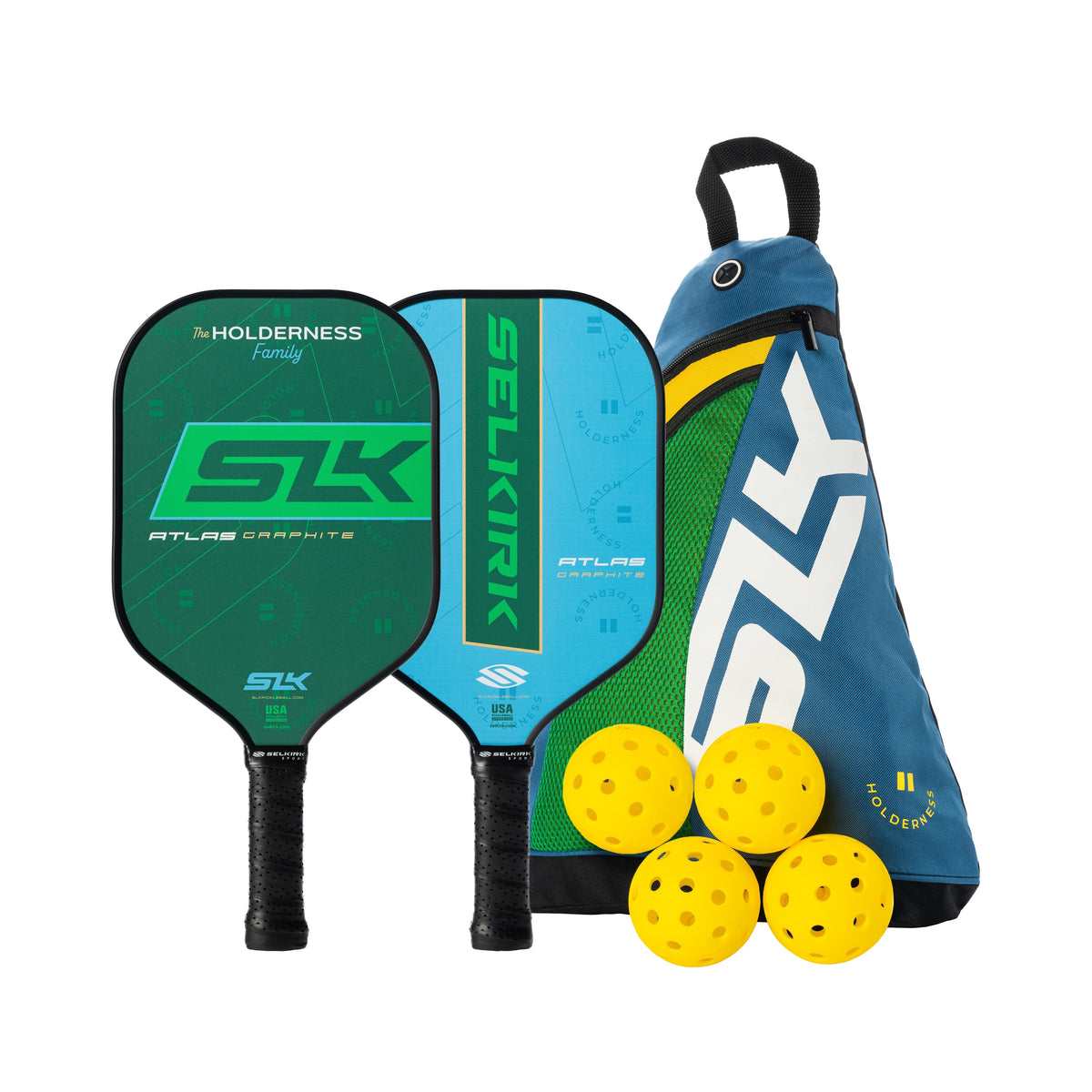 Front view of The Holderness Collection showcasing two pickleball paddles, four yellow balls, and a blue sling bag on white