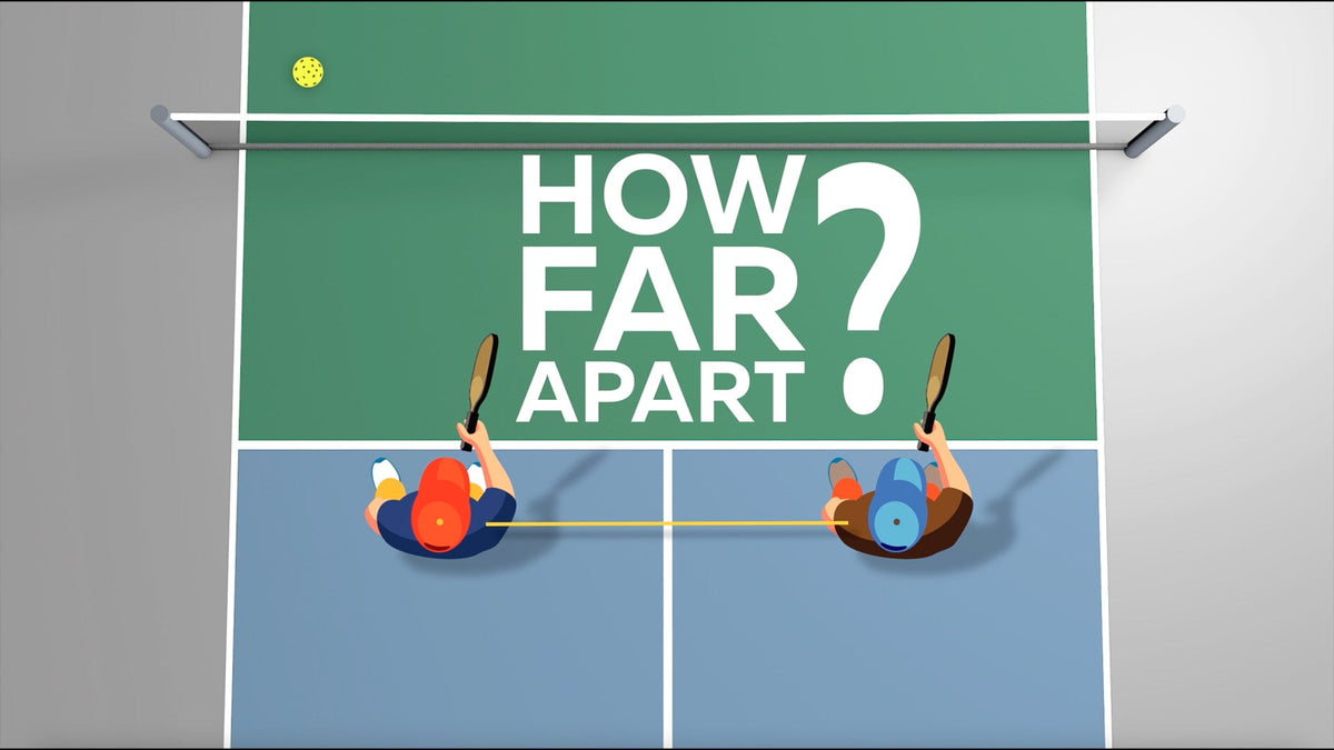 Pickleball positioning diagram showing four players and a yellow distance line with the headline How Far Apart