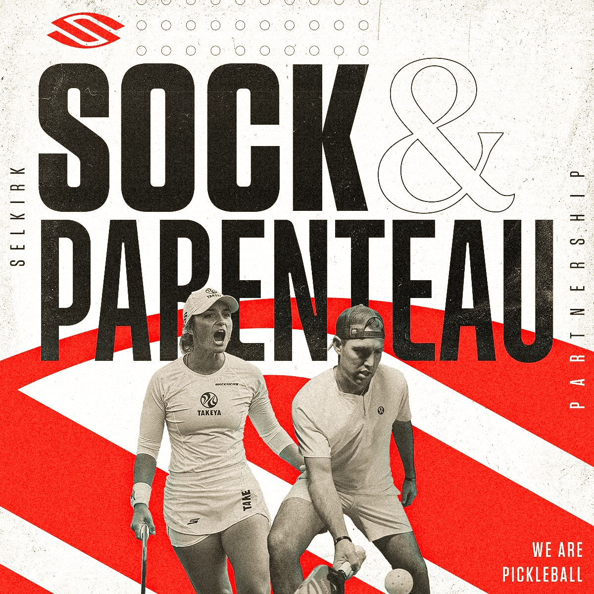 Promotional graphic of two pickleball players partnering for mixed doubles with large headline and Selkirk branding