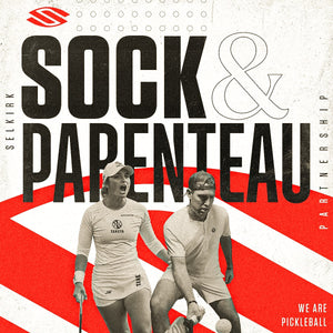 Promotional graphic of two pickleball players partnering for mixed doubles with large headline and Selkirk branding