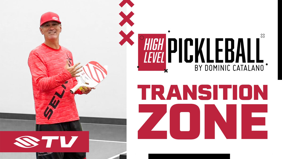 Banner showing ‘High Level Pickleball by Dominic Catalano’ with large headline ‘Transition Zone’ and a coach holding a Selkirk paddle on court