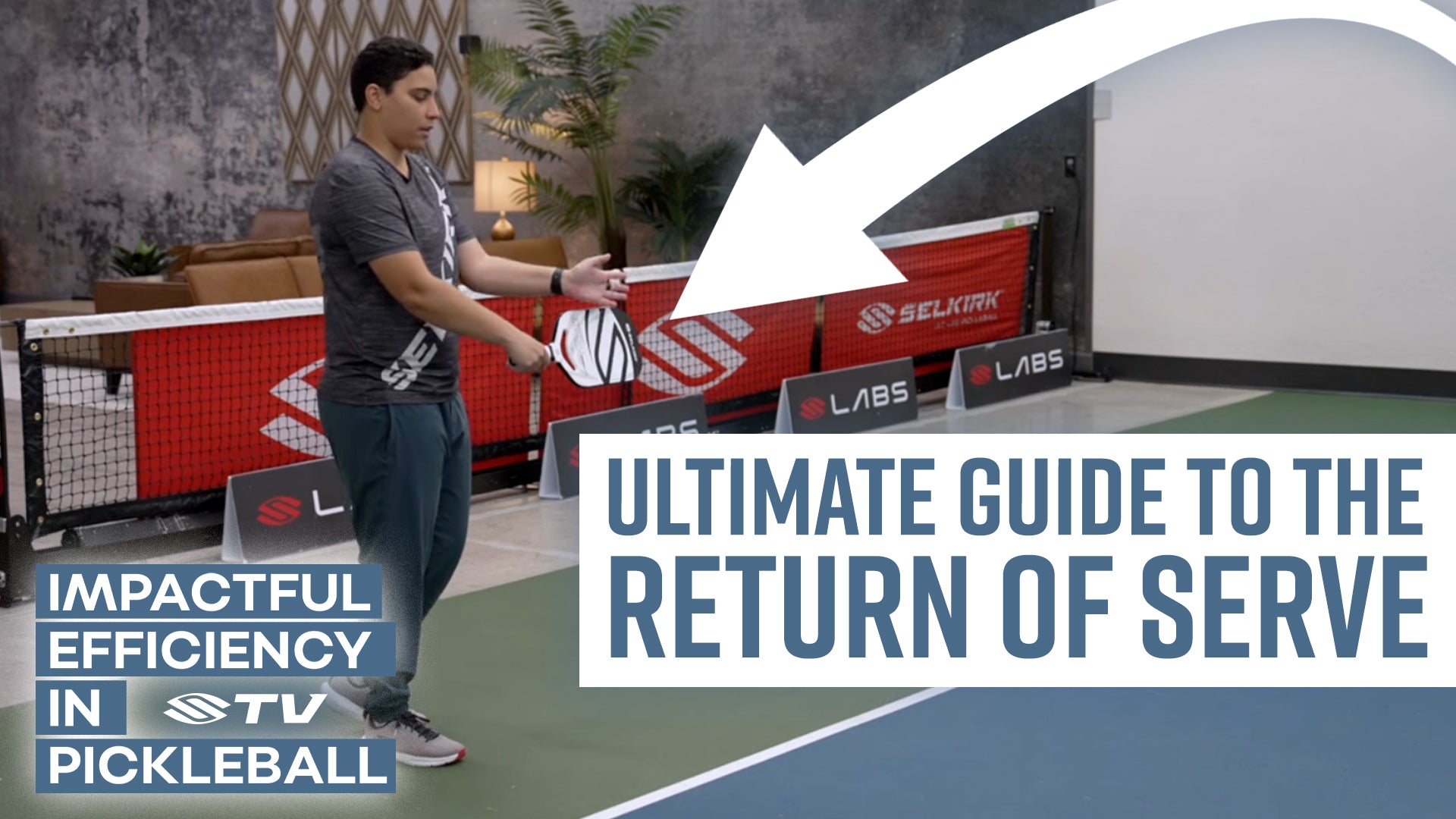 A player demonstrating the return of serve technique in pickleball with text overlay 'ULTIMATE GUIDE TO THE RETURN OF SERVE'.