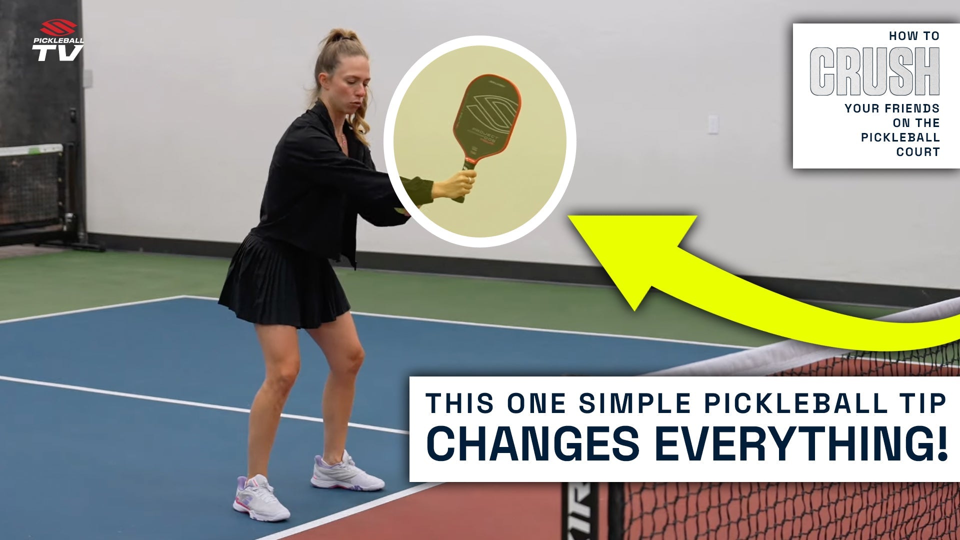 A player demonstrating the proper ready position in pickleball, paddle held in front, knees slightly bent, with a tip about changing everything.