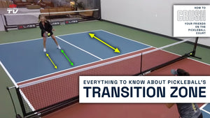 A player demonstrating movement in the pickleball transition zone with arrows indicating direction. Text: 'Everything to know about pickleball's transition zone.'