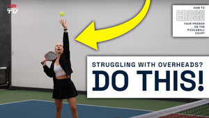 A woman preparing to hit an overhead shot in pickleball, with text 'STRUGGLING WITH OVERHEADS? DO THIS!'