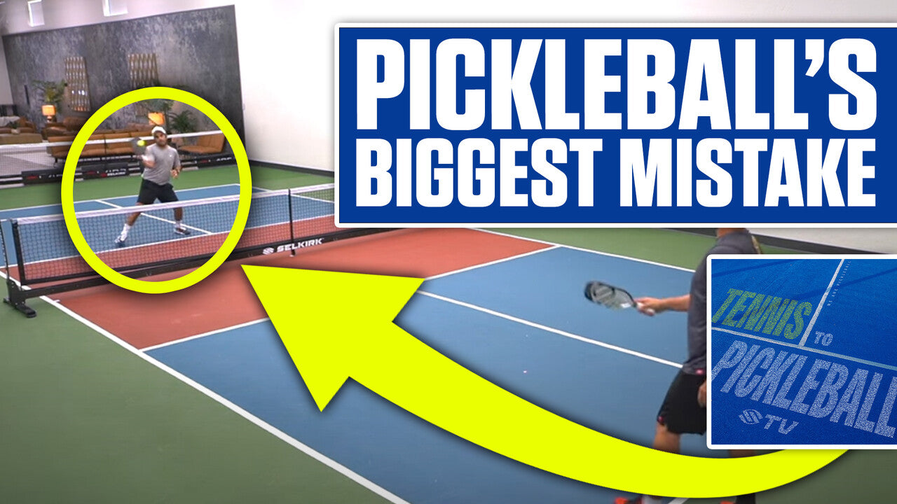 Promotional banner showing headline 'PICKLEBALL'S BIGGEST MISTAKE' with a circled player demonstrating a pickleball volley on an indoor court