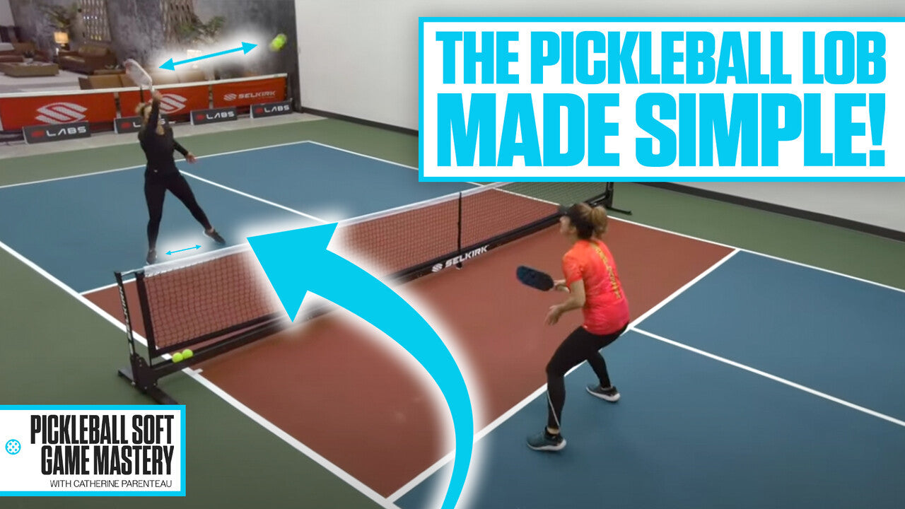 Instructional thumbnail showing a player executing an offensive pickleball lob over an opponent with headline The Pickleball Lob Made Simple