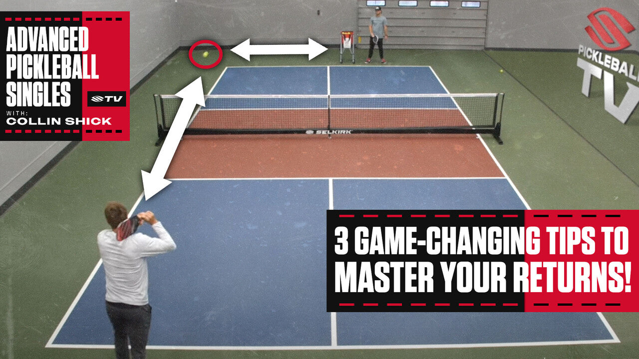 Collin Shick demonstrates 3 game-changing tips to master your returns in pickleball on an indoor court.