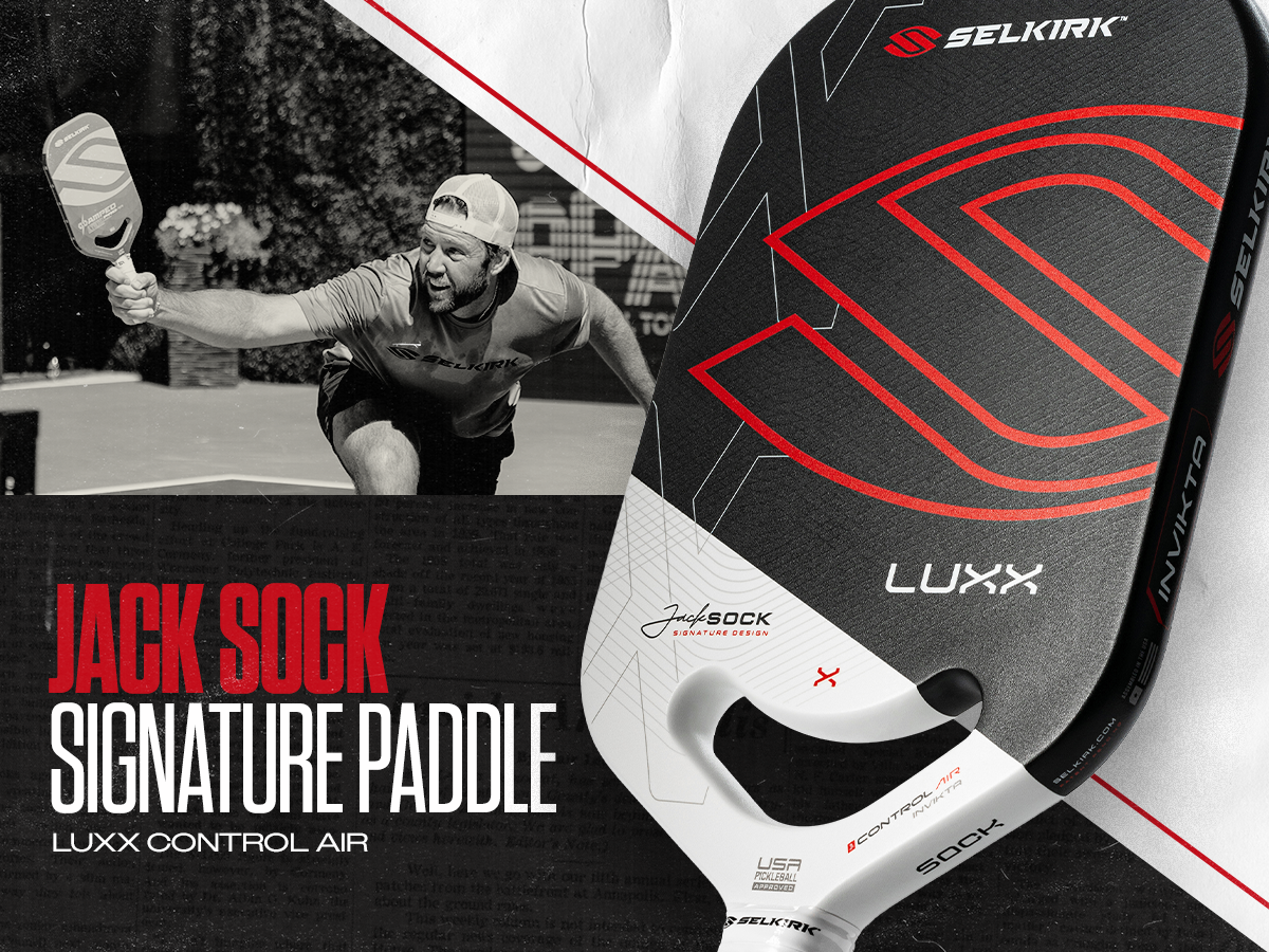 Jack Sock Signature LUXX Control Air pickleball paddle featuring a black, white, and red design with Sock's signature.