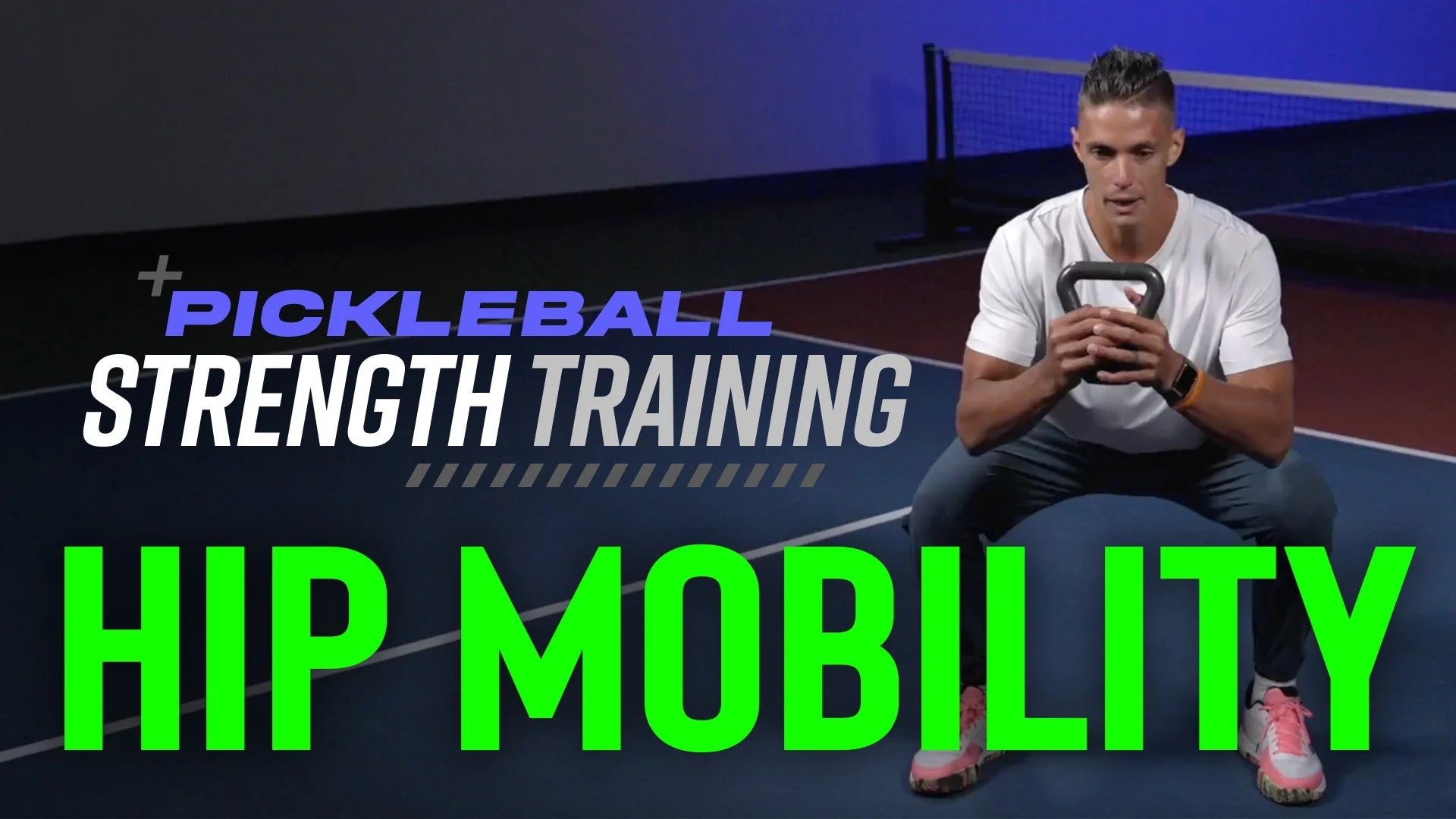 A person demonstrating a squat exercise for hip mobility in pickleball strength training.