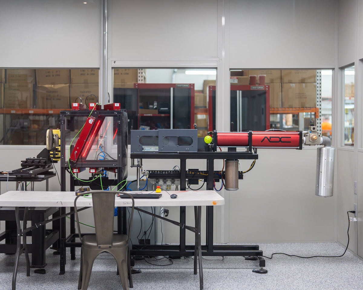 A performance cannon is used in Selkirk Labs to measure ball deflection. 