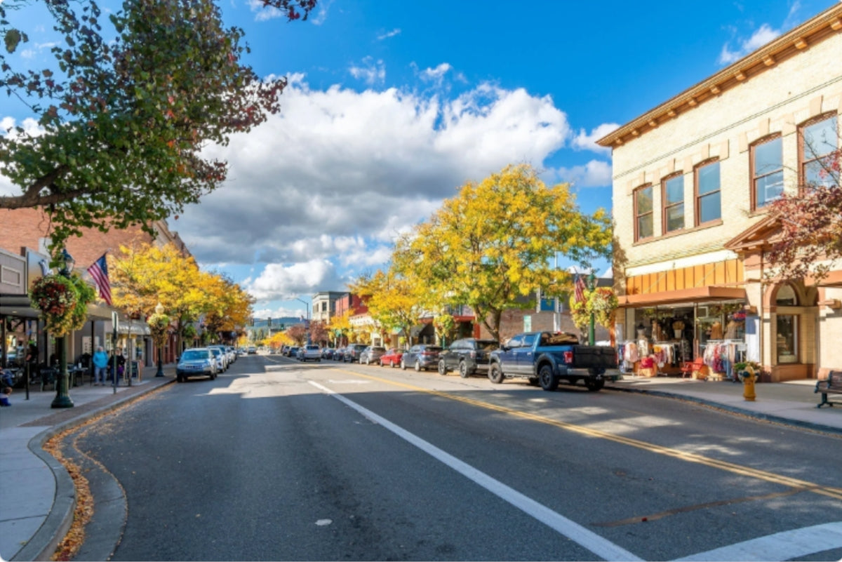 A street view of a downtown area with trees and shops, showcasing a vibrant community.