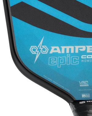 Corner of Selkirk paddle showing AMPED epic CORE MIDWEIGHT, POLYMER HONEYCOMB CORE, USA PICKLEBALL APPROVED, selkirk.com