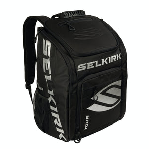 Angled view of Selkirk Core Tour pickleball backpack with front organizer, padded straps and side mesh pocket on white