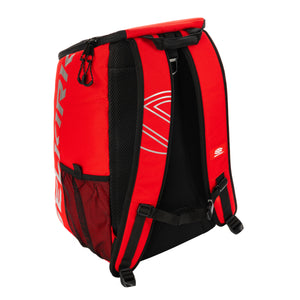 Red backpack viewed from back with padded shoulder straps, mesh side pocket, zippered top and white S logo