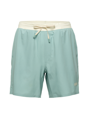 Front view of Essentials 2.0 Men’s Performance 7-inch Pickleball Shorts in light blue with white waistband and drawstring